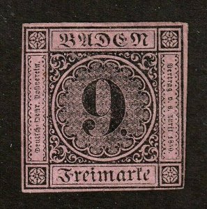 Baden stamp #4a, MH, VF German State,1st Printing, thin paper, 1851,  CV $2800