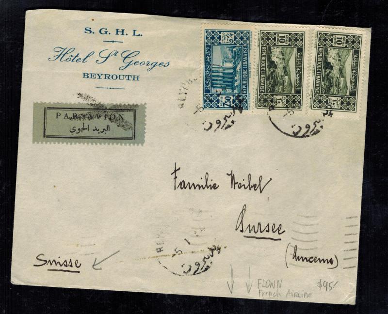 1934 Beirut Lebanon Airmail Flight Cover to Switzerland Hotel St Georges