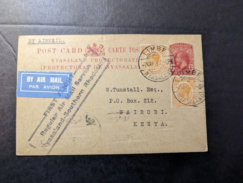 1934 British Nyasaland Airmail First Flight Cover FFC Limbe to Nairobi Kenya