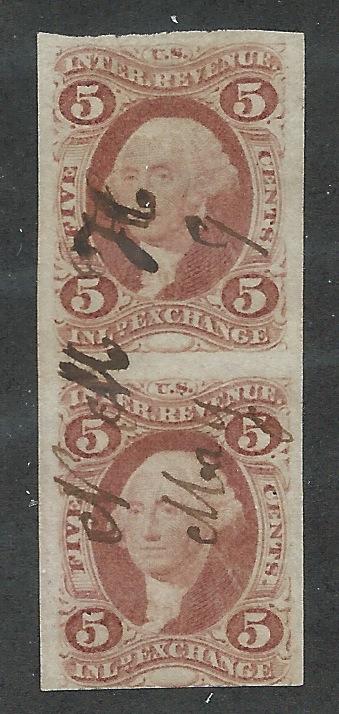 R27a Used, First Issue, 5c. Red, imperf Vertical Pair, FREE INSURED SHIPPING