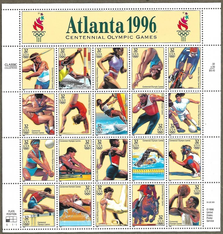 United States #3068 32c Atlanta 1996 Centennial Olympics MNH pane of 20 (1996)