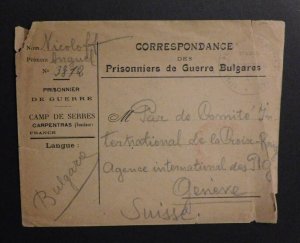1918 Bulgaria Prisoner of War POW Mail Camp Serres France to Geneva Switzerland