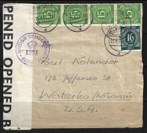 US GERMANY 1947 ALLIED BRITISH OCCUPATION CENSORED COVER TO WATERLOO WISCONSIN