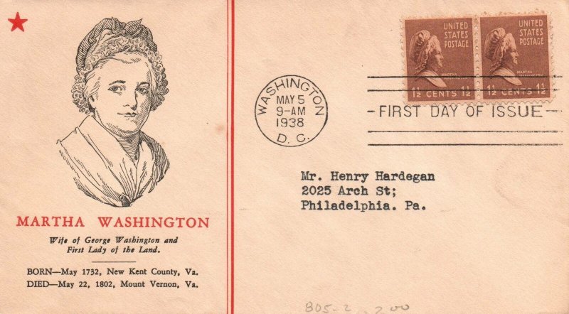 1938 FDC - Martha Washington - Better Cachet - F25885