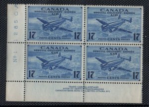 Canada Sc CE1 1943 17c airplane stamp Plate #1 LL block of 4 mint NH