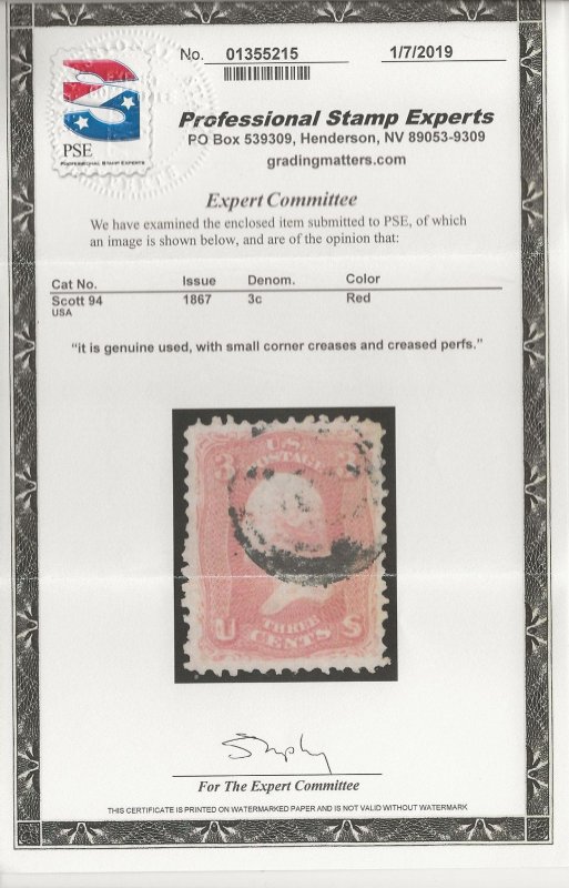 US #94 USED 3 Cent Washington 1867 with PSE Cert