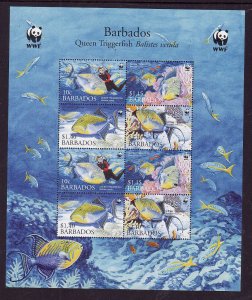 Barbados-Sc#1105a-unused NH sheet-Marine Life-Queen Angelfish-Coral-WWF-2006-