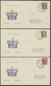 1937 #231-233 1c-3c George VI Mufti FDCs Blue Crown Cachet Winnipeg Orb