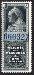 van Dam FWM51, $1 Black, used, 1897 Victoria, Blue C/N, Canada Weights