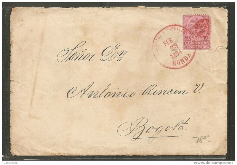 O) 1894 COLOMBIA, COVER FROM HONDA TO BOGOTA, COAT OF ARMS 10 CENTAVOS, XF 