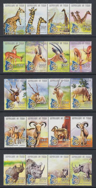 Chad Sc 870-884 MNH. 2000 Wildlife & Scouts emblem, cplt set, fauna, animals