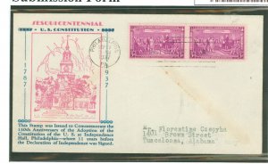 US 798 1937 3c US Constitution/Sesquicentennial (pair) on an addressed first day cover with a Kapler cachet.