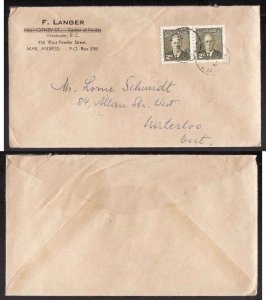 Canada-cover #13813-2c coil pair KGVI [#309] commercially used-Vancouver,BC-Au 4