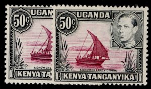 KENYA UGANDA TANGANYIKA GVI SG144 + 144e, 50c PERF VARIETIES, NH MINT. Cat £37.