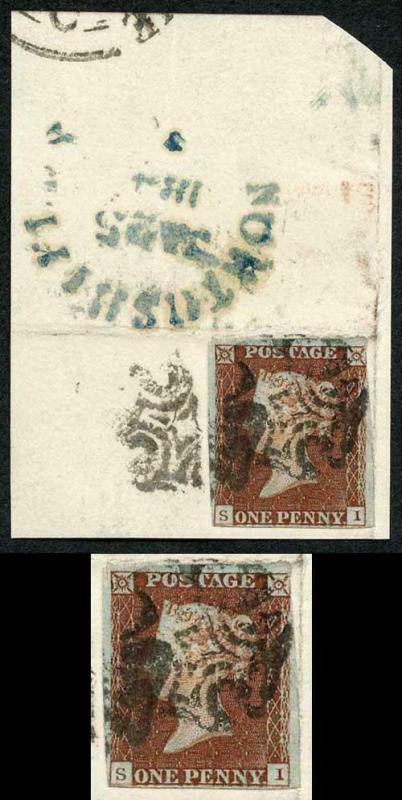 1841 Penny Red (SI) just touched top right 2 x Maltese Cross Cancel