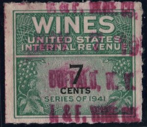 RE119 7¢ Wine Revenue Stamp (1942) Used