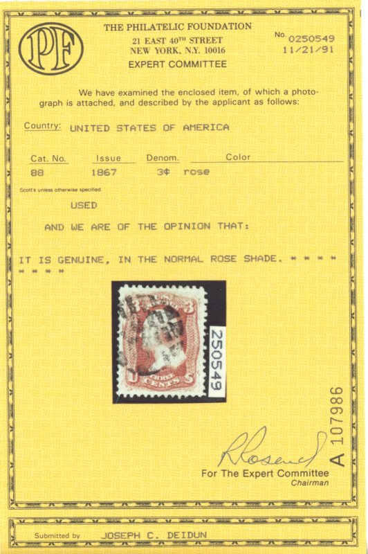 U.S. #88 USED WITH PF CERT