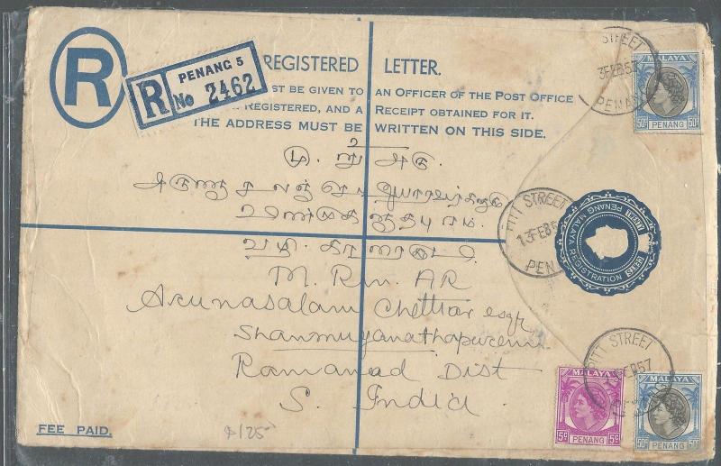 MALAYA PENANG  (P2408B) QEII 20C RLE K SIZE UPRATED REG TO INDIA 1957