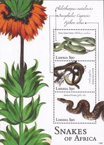 Liberia - 2011 Snakes, Rock Python - 3 Stamp Souvenir Sheet - Scott #2789