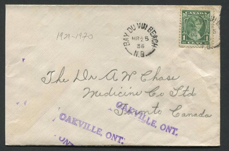 NEW BRUNSWICK SPLIT RING TOWN CANCEL COVER BAY DU VIN BEACH