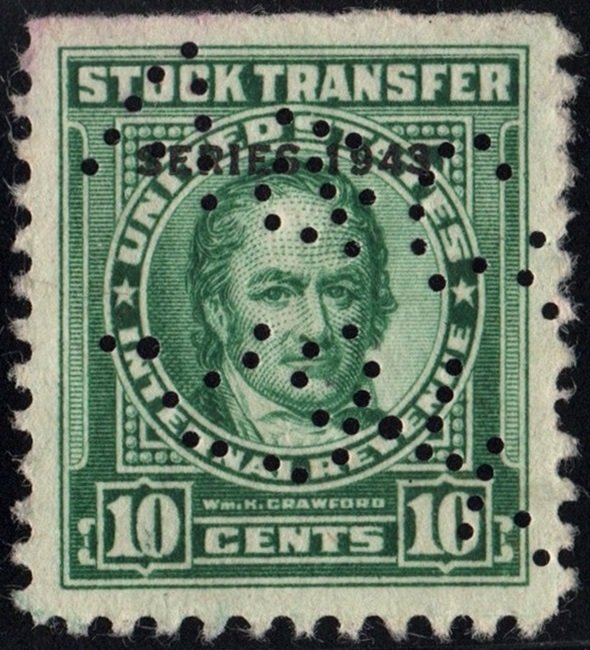 RD144 10¢ Stock Transfer Stamp (1943) Perfin