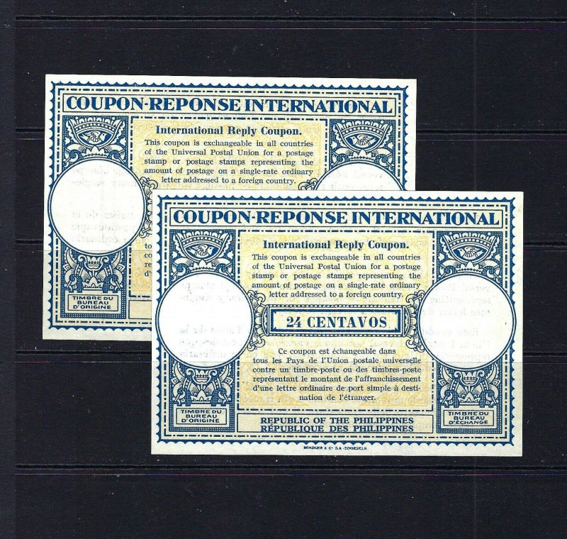 JASTAMPS: 2 INTERNATIONAL RESPONSE COUPONS UNUSED PHILIPPINES 24 CENTAVOS