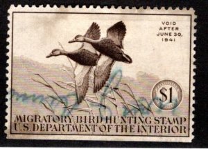 RW7, $1, Used, 1940, Black Mallards, Duck Hunting, USA Revenue Stamp