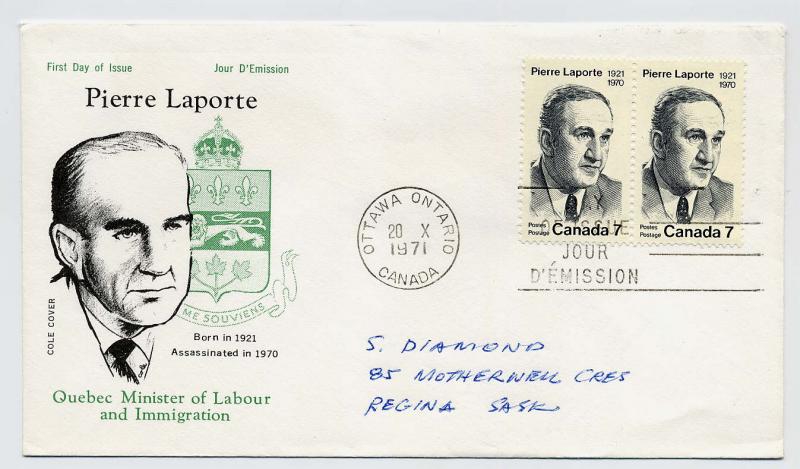 Canada First day cover #558, Pierre Laporte