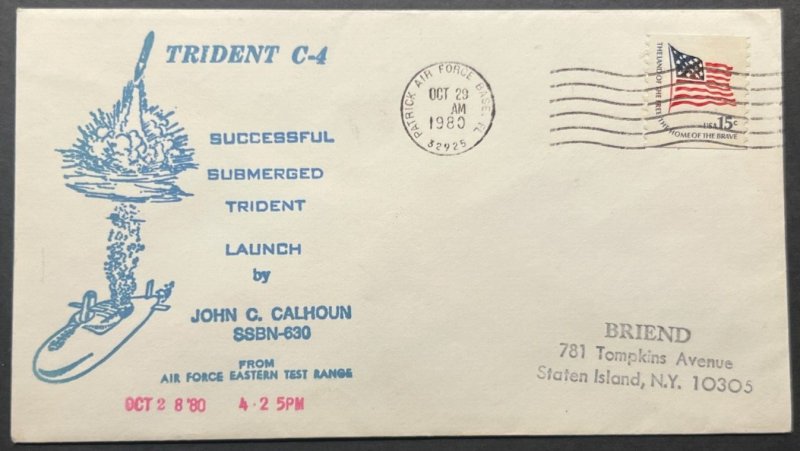 TRIDENT C-4 LAUNCHED FROM USS JOHN C CALHOUN SSBN-630 OCT 23 1980 NAVAL CACHET
