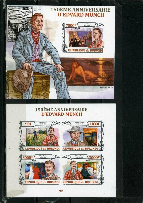 BURUNDI 2013 PAINTINGS BY EDVARD MUNCH SHEET OF 4 STAMPS & S/S IMPERF. MNH