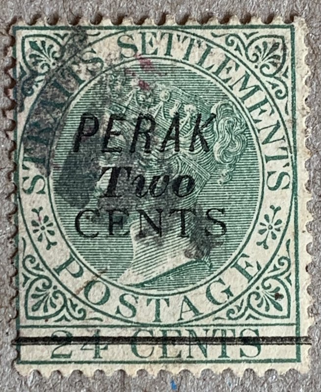Perak 1891 2c on 24c, used. Scott 30, CV $16.50. SG 48
