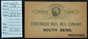 1886 US Sc #UX9a card, unposted, scarce dark buff, glossy var., Studebaker Bros.