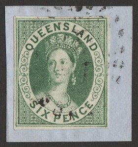 QUEENSLAND 1860 QV Chalon 6d imperf, wmk star. Rare genuine. Certificate.