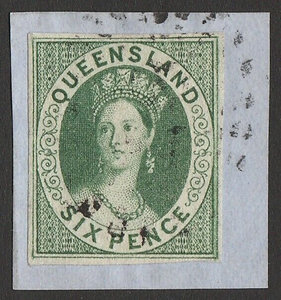 QUEENSLAND 1860 QV Chalon 6d imperf, wmk star. Rare genuine. Certificate.