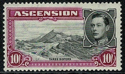 ASCENSION KG VI 1938-53 10/- BLACK & BR. PURPLE UNUSED(MH) SG47 Wmk.MSCA VGC