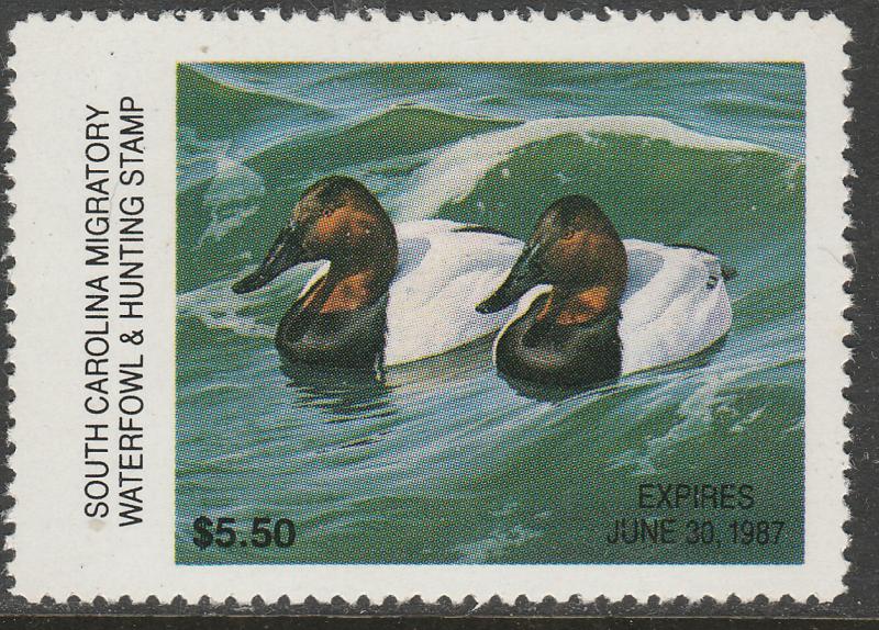 U.S.-SOUTH CAROLINA 6, STATE DUCK HUNTING PERMIT STAMP. MINT, NH. VF