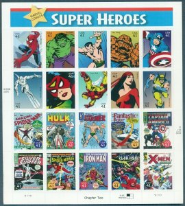 US: 2007 MARVEL COMICS SUPER HEROES; MNH Sheet of 20 - Sc 4159, Hulk, Spider-Man