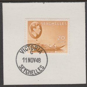 SEYCHELLES 1938 KG6  20c ochre  on piece with MADAME JOSEPH  POSTMARK