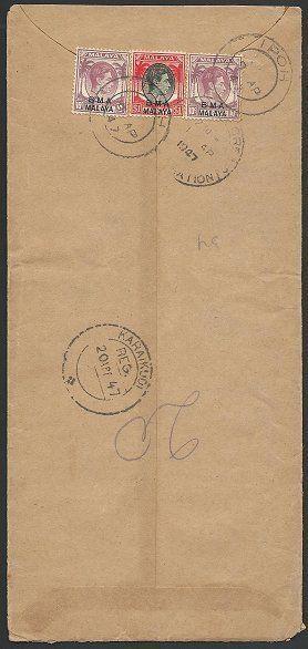 MALAYA BMA 1947 registered cover to India ex IPOH, 10c(2) & $1.............49806