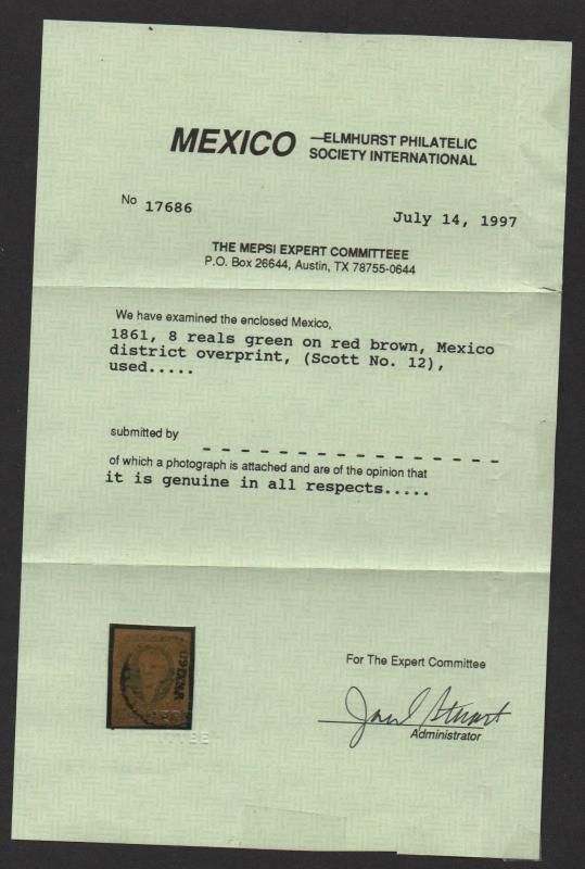 $Mexico Sc#12 used/VF, MEPSI cert., Cv. $240