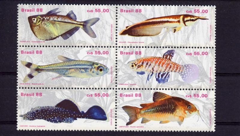 Brazil 1988 Sc#2157  Fishes/Fresh-water Block of 6  Perforated MNH