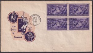 U.S Sc 855 Cooperstown N.Y 6/12/39 Baseball Centennial 100 years Blk 4 FDC cover