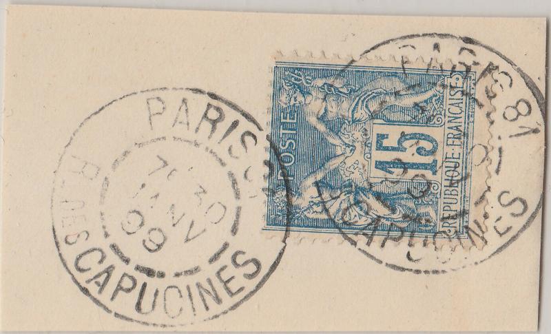 FRANCE - 1899 - Obl. Daguin PARIS 81 / R.DES CAPUCINES sur yv.101 15c t.II 