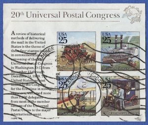 US 1989 Sc 2438  Used VF UPU Congress Imperf s/s, 25c x 4 Early Mail Transport