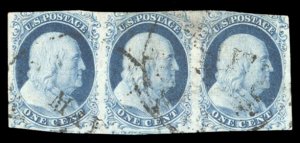 United States, 1851-57 #7 Cat$450, 1851 1c blue, type II, horizontal strip of...