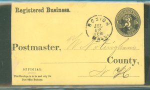 US  Official envelope - registered business Boston to West Nottingham, July 12, ?? small reduction at left