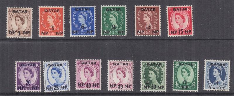 QATAR, 1957-1959 GB overprinted on QE set of 12 + 40np. on 6d. shade, lhm.