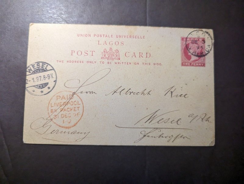 1896 British Lagos Nigeria Postcard Cover to Wesel Germany via Liverpool England