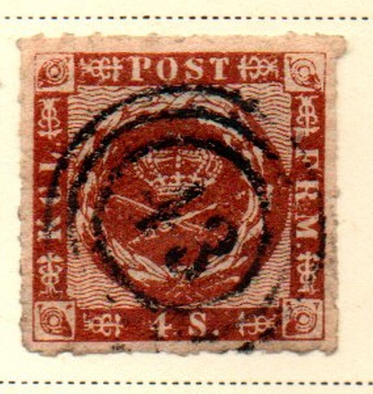 Denmark Sc 9 1863 4 s brown  Royal Emblems stamp rouletted