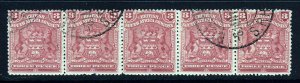 RHODESIA British S. Africa Company 1898 Arms 3d. Claret STRIP OF FIVE SG 81 VFU 